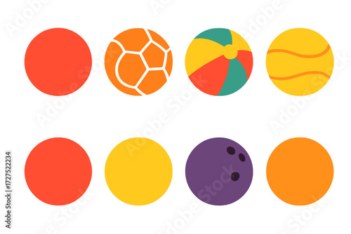 Vibrant Recreational Balls. Recreational balls in modern flat vector : dodgeball, handball, kickball, beach ball, polo ball, lacrosse ball, bowling