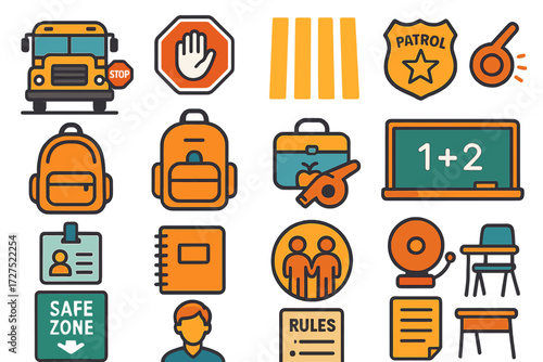 Modern School Safety Icons. School safety in modern flat vector : school bus, stop sign, crosswalk lines, safety patrol badge, backpack, lunchbox,