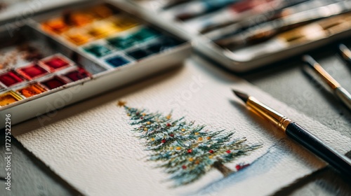 Fototapeta Naklejka Na Ścianę i Meble -  Christmas tree painted on a small canvas with paint and paintbrushes. Christmas concept