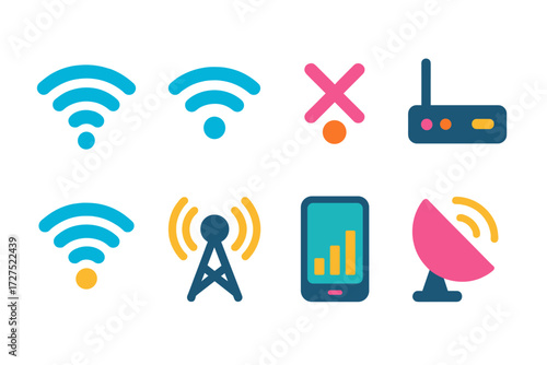 Wi-Fi Signal Icons. Wi-Fi signals in modern flat vector : strong signal, weak signal, no signal, router, hotspot, antenna, mobile data, satellite dish