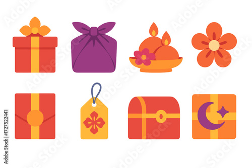Cultural Gift Icons. Cultural gifting in modern flat vector : ceremonial box, fabric-wrapped gift, offering tray, floral bow, gift envelope, ornate