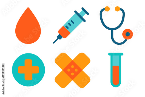 Vibrant Medical Icons. Medical symbols in modern flat vector : blood drop, syringe, stethoscope, test tube, hospital cross, bandage. .