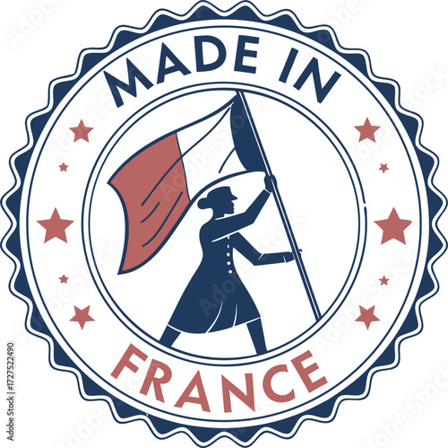 Made in France emblem with woman holding flag stamp