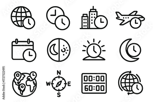 Time Zone Icons. Time zone clocks icons in outline style: globe with clock, overlapping clocks, city skyline with time, airplane with clock, calendar