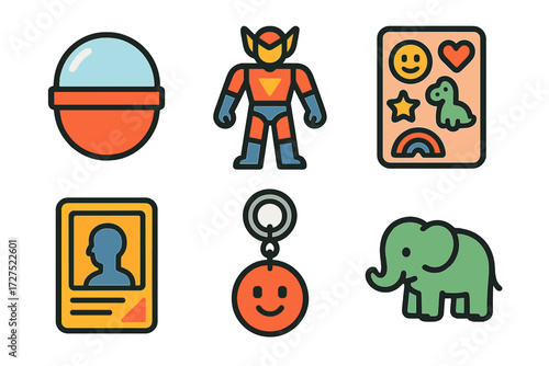 Modern Collectible Icons. Collectible toys in modern flat vector : capsule ball, action figure, sticker sheet, trading card, keychain, mini animal. .