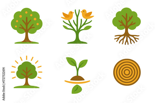 Vibrant Nature Icons. Nature and spirit in modern flat vector : flourishing tree, tree with birds, leaf in water, roots spreading, glowing tree,