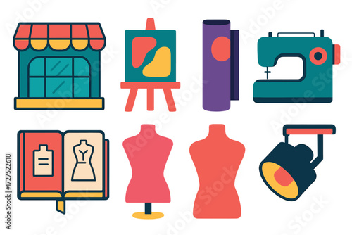 Modern Boutique Icons. Artistic boutique in modern flat vector : boutique window, easel, abstract painting, fabric roll, sewing machine, sketchbook,