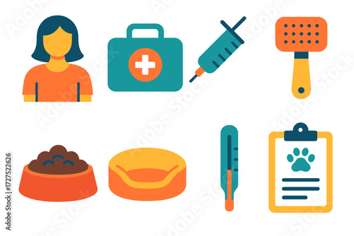Animal Care Icons. Animal welfare in modern flat vector : caretaker, veterinary bag, syringe, grooming tool, feeding tray, bedding material,
