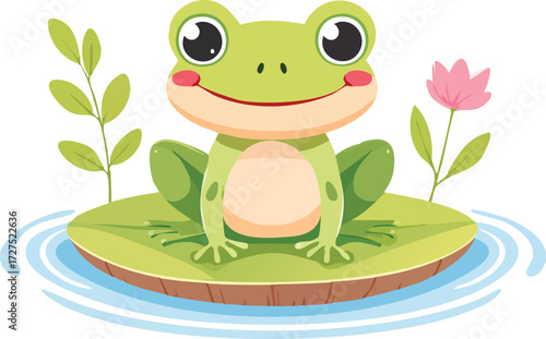 A cute cartoon frog sits on a lily pad in the water with plants and a flower.