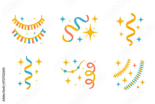 Vibrant Festive Decorations. Festive sparkle in modern flat vector : hanging tinsel, spiral garland, glimmer strand, bright halo, twinkling flare,