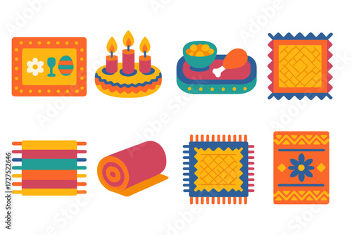 Festive Celebration Mat. Celebration mat in modern flat vector : mat with symbols, mat under candles, decorated edge, mat with food items, layered