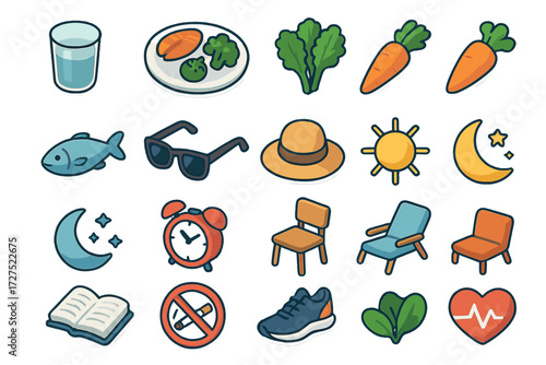 Wellness Habits Icons. Daily habits set icons in modern isometric flat : water glass, balanced diet plate, leafy greens, carrot, fish, sunglasses, hat