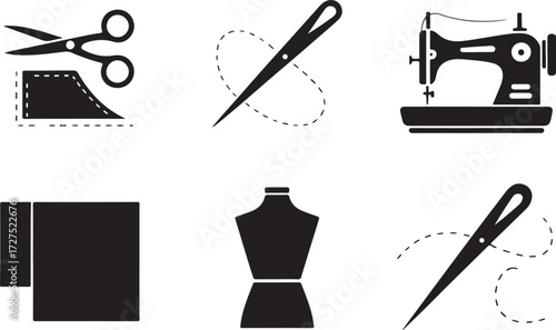 Comprehensive vector collection of essential tools and elements for sewing, tailoring, textile crafts, and fashion design projects, presented as clear and illustrative icons