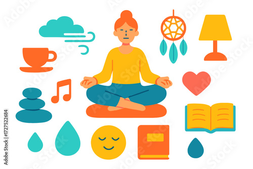 Serene Meditation Icons. Calm meditation pose in modern flat vector : cushion, tea cup, cloud, soft wind, pebble, dreamcatcher, lamp, music note,