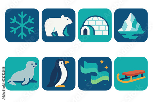 Arctic Icons Collection. Arctic vibes in modern flat vector : snowflake, polar bear, igloo, iceberg, seal, penguin, aurora, sled. [] .