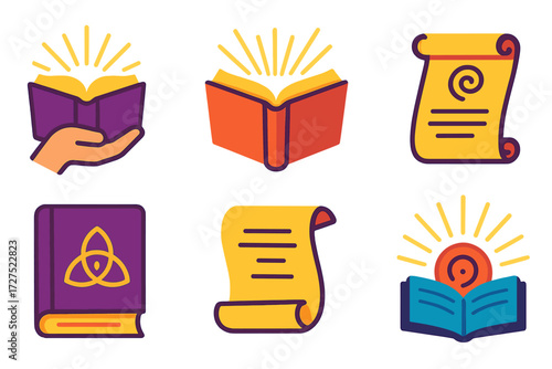 Vibrant Spiritual Icons. Spiritual text in modern flat vector : hand holding book, open pages with glow, symbolic scroll, carved inscription, floating