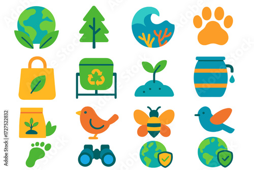 Eco Conservation Icons. Conservation in modern flat vector : eco globe, forest, ocean wave, coral reef, endangered animal paw, reusable bag, compost