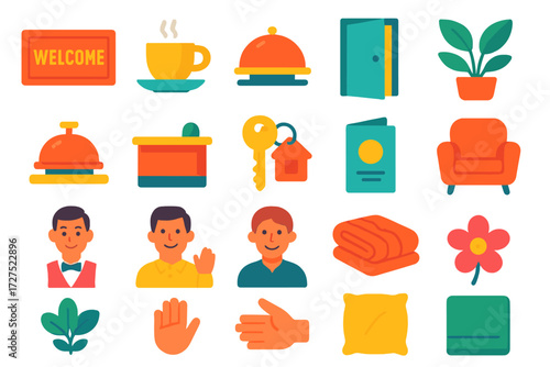 Modern Hospitality Icons. Hospitality in modern flat vector : welcome mat, coffee cup, serving tray, open door, house plant, concierge bell, front