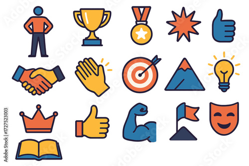 Icons of Achievement. Self-confidence in modern flat vector : standing figure, upright posture, trophy, medal, starburst, handshake, clapping hands,