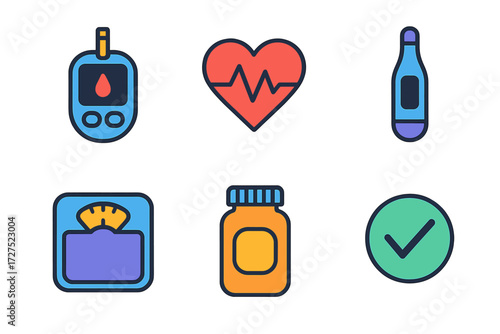 Vibrant Health Monitoring Icons. Health monitoring in modern flat vector : glucose meter, heart pulse, thermometer, scale, pill bottle, checkmark. .