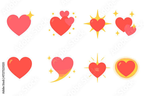 Vibrant Heart Icons. Magical hearts in modern flat vector : floating heart spark, glowing heart cluster, radiant heart star, sparkling dual hearts,