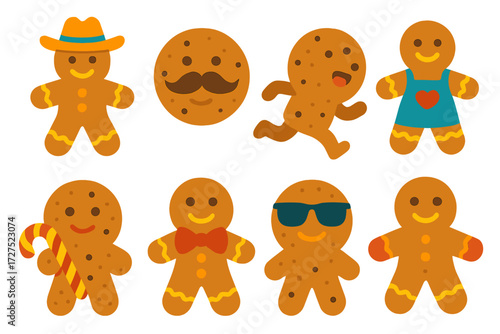 Stylish Cookie Icons. Baked figures in modern flat vector : gingerbread man with hat, cookie with mustache, running cookie, cookie with apron, cookie