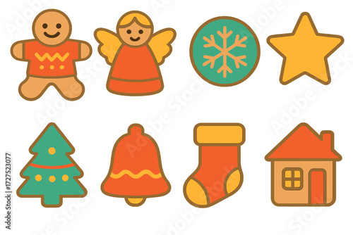 Colorful Festive Cookies. Festive cookies in modern flat vector : gingerbread man in sweater, cookie angel, cookie with snowflake design, cookie star,