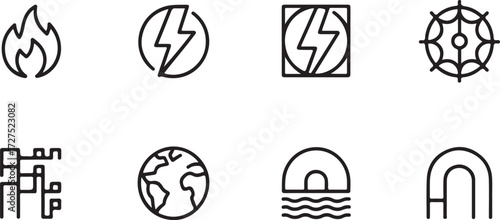 Modern thin line icon set featuring scientific and power symbols such as a globe, circuit, magnet, and lightning bolt for web and app design