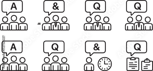Simple clean line icon set of eight symbols illustrating business communication, team discussions, question and answer sessions, and collaborative information exchange