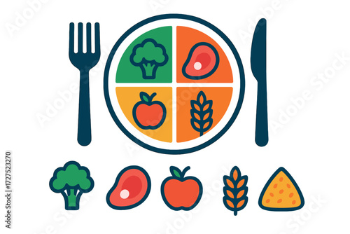 Colorful Balanced Meal. Balanced plate in modern flat vector : portioned plate, fork and knife, vegetable icon, protein icon, fruit icon, grain icon.