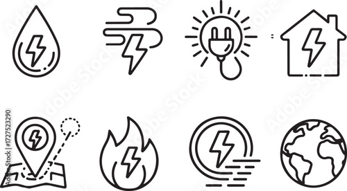 A versatile set of clean line art illustrations depicting themes of renewable energy, power sources, and electricity