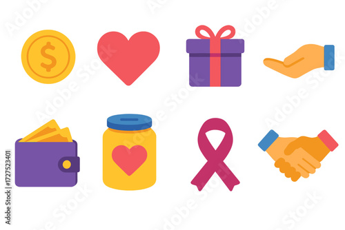 Charity Icons Collection. Charity donation in modern flat vector : coin, heart, gift box, helping hand, open wallet, donation jar, ribbon, handshake.