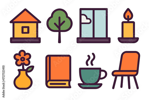 Minimalist Cozy Home. Calm living in modern flat vector : peaceful home, tree, window, candle, flower vase, book, tea cup, chair. [] .