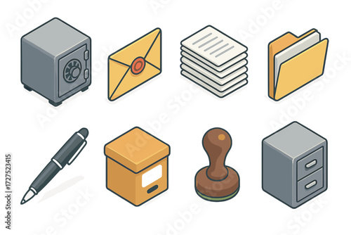 Confidential Items Icons. Confidential items set icons in modern isometric flat : safe box, sealed envelope, document stack, folder, signature pen,
