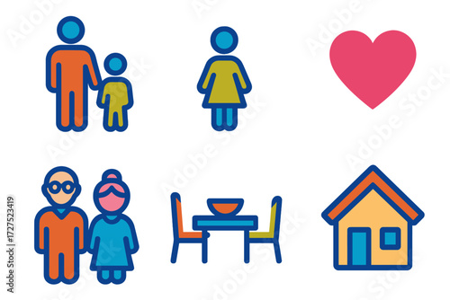 Family Icons in Minimalism. Family gathering in modern flat vector : parent figure, child figure, grandparents, dining table, house, heart. .