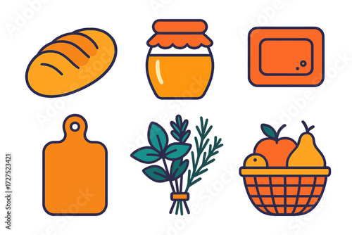 Colorful Market Icons. Local market in modern flat vector : bread loaf, jar of honey, soap bar, cutting board, bouquet of herbs, fruit basket. .