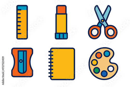 Vibrant Craft Kit Icons. Craft kit in modern flat vector : ruler, glue stick, scissors, sharpener, sketchbook, palette. .