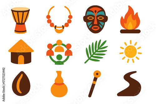 Ancestral Symbol Icons. Ancestral guide in modern flat vector : drum, necklace, mask, fire, hut, circle of people, palm leaf, sun, seed, gourd, staff,