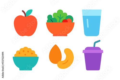 Minimalist Healthy Foods. Healthy choices in modern flat vector : apple, salad bowl, water glass, grain bowl, nuts, smoothie cup. .