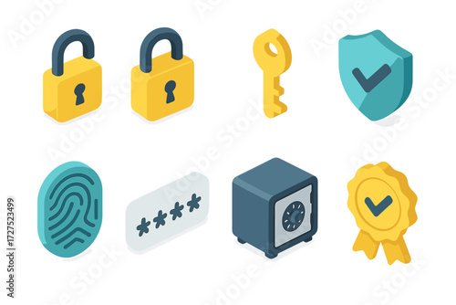 Modern Security Icons. Security icons set icons in modern isometric flat : unlock symbol, padlock, key, shield with check, fingerprint, password dots,