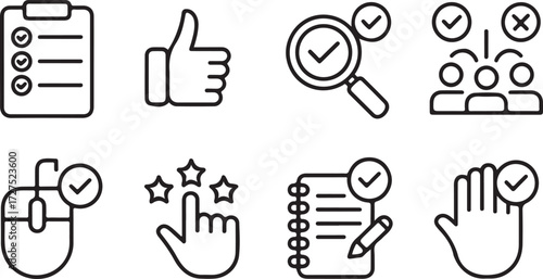 A versatile set of monochromatic line art icons depicting themes of approval, successful testing, and positive user feedback for digital and print media