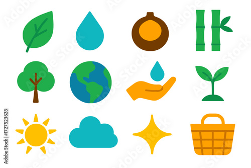 Eco Handwashing Icons. Eco handwashing in modern flat vector : leaf, water drop, soap nut, bamboo, tree, globe, hand with droplet, sprout, sun, cloud,