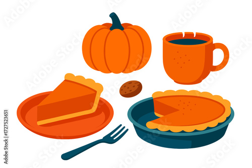 Minimalist Pumpkin Pie Scene. Pumpkin pie in modern flat vector : steaming slice, pie dish, fork and plate, nutmeg sprinkle, pumpkin fruit, cozy mug [