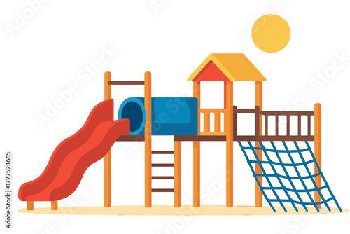 Vibrant Playground Design. Playground slide in modern flat vector : wavy slide, tunnel crawl, rope net, wooden bridge, playhouse, sunny sky