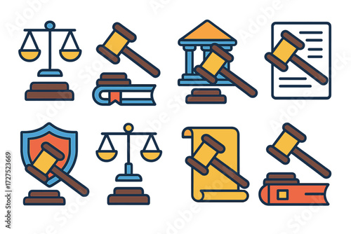 Modern Judicial Icons. Judicial icons in modern flat vector : gavel with scales, gavel with book, gavel with courthouse, gavel with document, gavel