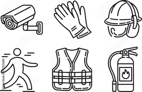 Safety First Minimalist Line Art Illustration of Essential Safety Gear and Precautions
