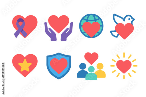Heart Awareness Icons. Awareness icons in modern flat vector : heart with ribbon, heart with hands, heart with globe, heart with dove, heart with star