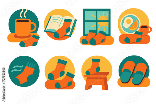 Cozy Morning Elements. Fresh start in modern flat vector : steaming coffee with socks, book with socks, slippers and socks, sunbeam socks, window view