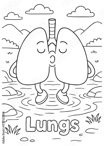coloring book lungs take a breath by lake with mountains, cute anatomy for kids