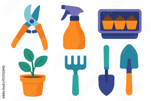 Vibrant Garden Tools. Garden tools in modern flat vector : pruning scissors, spray bottle, seed tray, potted plant, small rake, shovel head